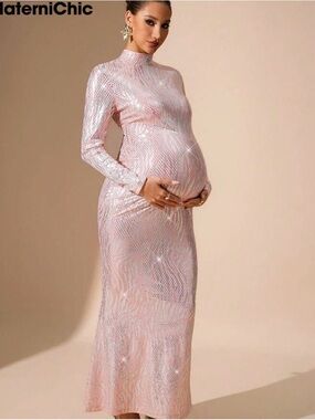 Pink Sequin Maternity Maxi Dress